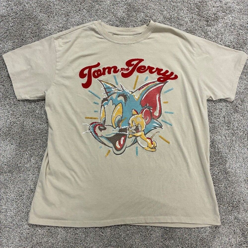 Tom and Jerry Freeze Graphic T-Shirt Size XL Beige Cream Cotton Cartoon Retro